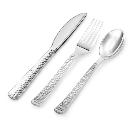Smarty Had A Party Shiny Metallic Silver Hammered Plastic Cutlery Set - Spoons, Forks and Knives (1000 Guests), 3000PK 2649CS-CASE